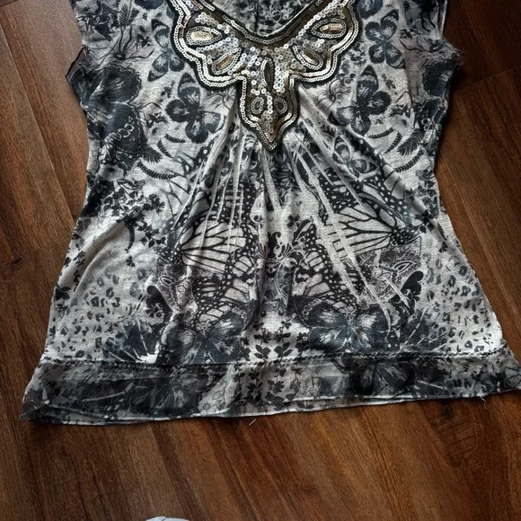 Vintage Y2K Boho Sequin Butterfly Blue Grey Flowy Romantic Short Sleeve Top M - Picture 4 of 6